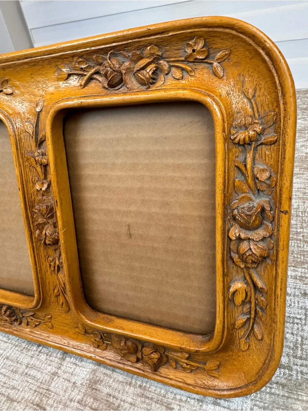 Wood Carved Double Photo Frame in Warm Honey Brown rosebuds vintage Victorian